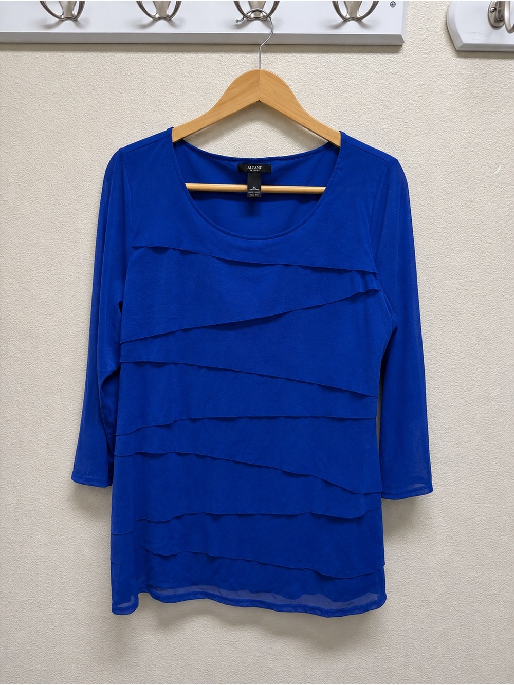 Alfani Woman 2X Royal Blue Layered Ruffle Sheer Sleeve Blouse